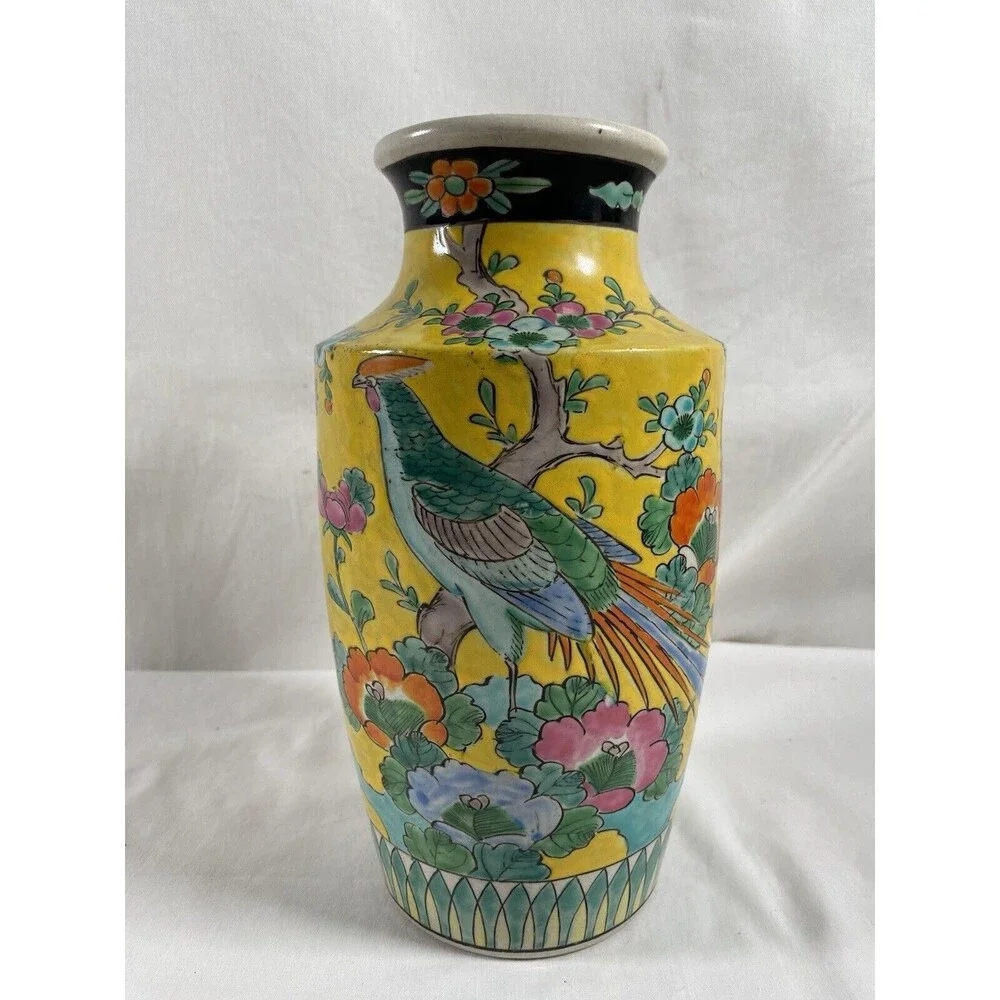 Vintage Hand Painted Bird Floral Branch Vase Made in Japan 9 1/2” Tall #624